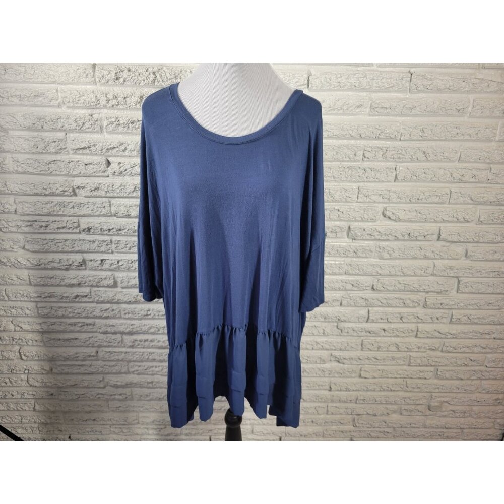 Roamans Womens Blouse 3X Blue Chiffon Hem Ruffle Short Sleeve Plus Size BLU199E